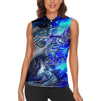 Blue Lightning Striped Bass Women Sleeveless Polo Shirt Power Surge Fishing Hook Electric Print - Wonder Print Shop