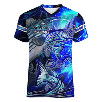 Blue Lightning Striped Bass Women V-Neck T-Shirt Power Surge Fishing Hook Electric Print - Wonder Print Shop