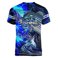 Blue Lightning Striped Bass Women V-Neck T-Shirt Power Surge Fishing Hook Electric Print - Wonder Print Shop