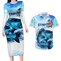 Striped Bass Whisperer Couples Matching Long Sleeve Bodycon Dress and Hawaiian Shirt Tropical Wave Fishing Design - Wonder Print Shop
