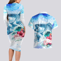 Striped Bass Whisperer Couples Matching Long Sleeve Bodycon Dress and Hawaiian Shirt Tropical Wave Fishing Design - Wonder Print Shop