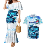 Striped Bass Whisperer Couples Matching Mermaid Dress and Hawaiian Shirt Tropical Wave Fishing Design - Wonder Print Shop