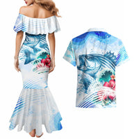 Striped Bass Whisperer Couples Matching Mermaid Dress and Hawaiian Shirt Tropical Wave Fishing Design - Wonder Print Shop