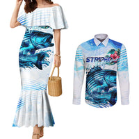 Striped Bass Whisperer Couples Matching Mermaid Dress and Long Sleeve Button Shirt Tropical Wave Fishing Design - Wonder Print Shop