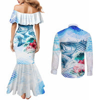 Striped Bass Whisperer Couples Matching Mermaid Dress and Long Sleeve Button Shirt Tropical Wave Fishing Design - Wonder Print Shop