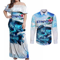 Striped Bass Whisperer Couples Matching Off Shoulder Maxi Dress and Long Sleeve Button Shirt Tropical Wave Fishing Design - Wonder Print Shop