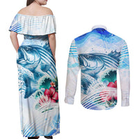 Striped Bass Whisperer Couples Matching Off Shoulder Maxi Dress and Long Sleeve Button Shirt Tropical Wave Fishing Design - Wonder Print Shop