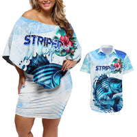 Striped Bass Whisperer Couples Matching Off Shoulder Short Dress and Hawaiian Shirt Tropical Wave Fishing Design - Wonder Print Shop