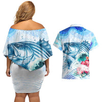 Striped Bass Whisperer Couples Matching Off Shoulder Short Dress and Hawaiian Shirt Tropical Wave Fishing Design - Wonder Print Shop