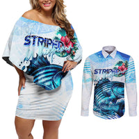 Striped Bass Whisperer Couples Matching Off Shoulder Short Dress and Long Sleeve Button Shirt Tropical Wave Fishing Design - Wonder Print Shop
