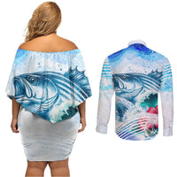 Striped Bass Whisperer Couples Matching Off Shoulder Short Dress and Long Sleeve Button Shirt Tropical Wave Fishing Design - Wonder Print Shop