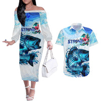 Striped Bass Whisperer Couples Matching Off The Shoulder Long Sleeve Dress and Hawaiian Shirt Tropical Wave Fishing Design - Wonder Print Shop
