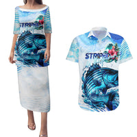 Striped Bass Whisperer Couples Matching Puletasi and Hawaiian Shirt Tropical Wave Fishing Design - Wonder Print Shop