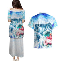 Striped Bass Whisperer Couples Matching Puletasi and Hawaiian Shirt Tropical Wave Fishing Design - Wonder Print Shop