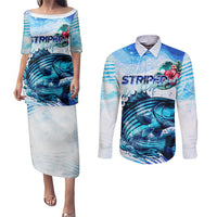 Striped Bass Whisperer Couples Matching Puletasi and Long Sleeve Button Shirt Tropical Wave Fishing Design - Wonder Print Shop