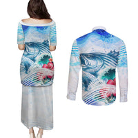 Striped Bass Whisperer Couples Matching Puletasi and Long Sleeve Button Shirt Tropical Wave Fishing Design - Wonder Print Shop