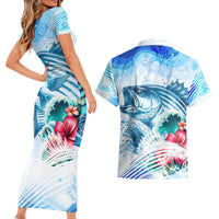 Striped Bass Whisperer Couples Matching Short Sleeve Bodycon Dress and Hawaiian Shirt Tropical Wave Fishing Design - Wonder Print Shop