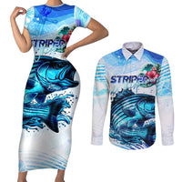 Striped Bass Whisperer Couples Matching Short Sleeve Bodycon Dress and Long Sleeve Button Shirt Tropical Wave Fishing Design - Wonder Print Shop