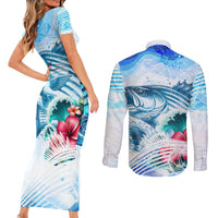 Striped Bass Whisperer Couples Matching Short Sleeve Bodycon Dress and Long Sleeve Button Shirt Tropical Wave Fishing Design - Wonder Print Shop