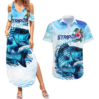 Striped Bass Whisperer Couples Matching Summer Maxi Dress and Hawaiian Shirt Tropical Wave Fishing Design - Wonder Print Shop