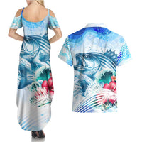 Striped Bass Whisperer Couples Matching Summer Maxi Dress and Hawaiian Shirt Tropical Wave Fishing Design - Wonder Print Shop