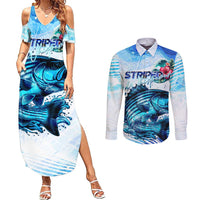 Striped Bass Whisperer Couples Matching Summer Maxi Dress and Long Sleeve Button Shirt Tropical Wave Fishing Design - Wonder Print Shop