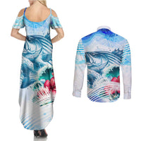 Striped Bass Whisperer Couples Matching Summer Maxi Dress and Long Sleeve Button Shirt Tropical Wave Fishing Design - Wonder Print Shop