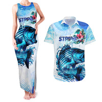 Striped Bass Whisperer Couples Matching Tank Maxi Dress and Hawaiian Shirt Tropical Wave Fishing Design - Wonder Print Shop