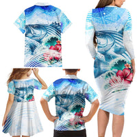 Striped Bass Whisperer Family Matching Long Sleeve Bodycon Dress and Hawaiian Shirt Tropical Wave Fishing Design - Wonder Print Shop