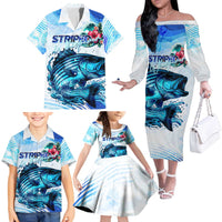Striped Bass Whisperer Family Matching Off The Shoulder Long Sleeve Dress and Hawaiian Shirt Tropical Wave Fishing Design - Wonder Print Shop