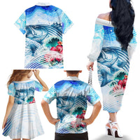 Striped Bass Whisperer Family Matching Off The Shoulder Long Sleeve Dress and Hawaiian Shirt Tropical Wave Fishing Design - Wonder Print Shop