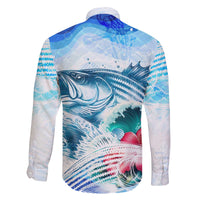 Striped Bass Whisperer Family Matching Off The Shoulder Long Sleeve Dress and Hawaiian Shirt Tropical Wave Fishing Design - Wonder Print Shop