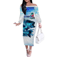 Striped Bass Whisperer Family Matching Off The Shoulder Long Sleeve Dress and Hawaiian Shirt Tropical Wave Fishing Design - Wonder Print Shop