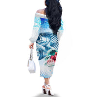 Striped Bass Whisperer Family Matching Off The Shoulder Long Sleeve Dress and Hawaiian Shirt Tropical Wave Fishing Design - Wonder Print Shop