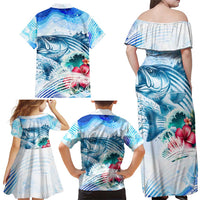 Striped Bass Whisperer Family Matching Off Shoulder Maxi Dress and Hawaiian Shirt Tropical Wave Fishing Design - Wonder Print Shop