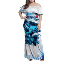 Striped Bass Whisperer Family Matching Off Shoulder Maxi Dress and Hawaiian Shirt Tropical Wave Fishing Design - Wonder Print Shop