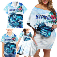 Striped Bass Whisperer Family Matching Off Shoulder Short Dress and Hawaiian Shirt Tropical Wave Fishing Design - Wonder Print Shop