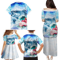 Striped Bass Whisperer Family Matching Puletasi and Hawaiian Shirt Tropical Wave Fishing Design - Wonder Print Shop
