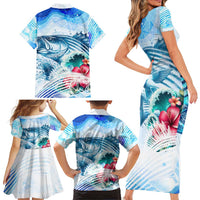 Striped Bass Whisperer Family Matching Short Sleeve Bodycon Dress and Hawaiian Shirt Tropical Wave Fishing Design - Wonder Print Shop