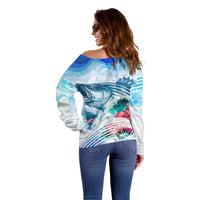 Striped Bass Whisperer Off Shoulder Sweater Tropical Wave Fishing Design - Wonder Print Shop