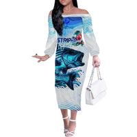 Striped Bass Whisperer Off The Shoulder Long Sleeve Dress Tropical Wave Fishing Design - Wonder Print Shop