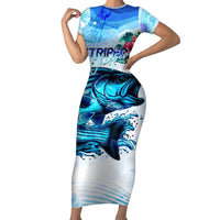 Striped Bass Whisperer Short Sleeve Bodycon Dress Tropical Wave Fishing Design - Wonder Print Shop
