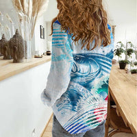 Striped Bass Whisperer Women Casual Shirt Tropical Wave Fishing Design - Wonder Print Shop