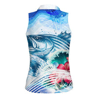 Striped Bass Whisperer Women Sleeveless Polo Shirt Tropical Wave Fishing Design - Wonder Print Shop