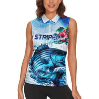 Striped Bass Whisperer Women Sleeveless Polo Shirt Tropical Wave Fishing Design - Wonder Print Shop