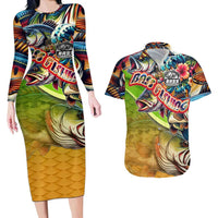 Bass Fishing Couples Matching Long Sleeve Bodycon Dress and Hawaiian Shirt Tropical Explosion Angler Design - Wonder Print Shop