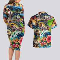 Bass Fishing Couples Matching Long Sleeve Bodycon Dress and Hawaiian Shirt Tropical Explosion Angler Design - Wonder Print Shop
