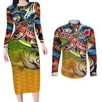 Bass Fishing Couples Matching Long Sleeve Bodycon Dress and Long Sleeve Button Shirt Tropical Explosion Angler Design - Wonder Print Shop