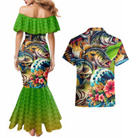 Bass Fishing Couples Matching Mermaid Dress and Hawaiian Shirt Tropical Explosion Angler Design - Wonder Print Shop