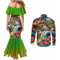 Bass Fishing Couples Matching Mermaid Dress and Long Sleeve Button Shirt Tropical Explosion Angler Design - Wonder Print Shop